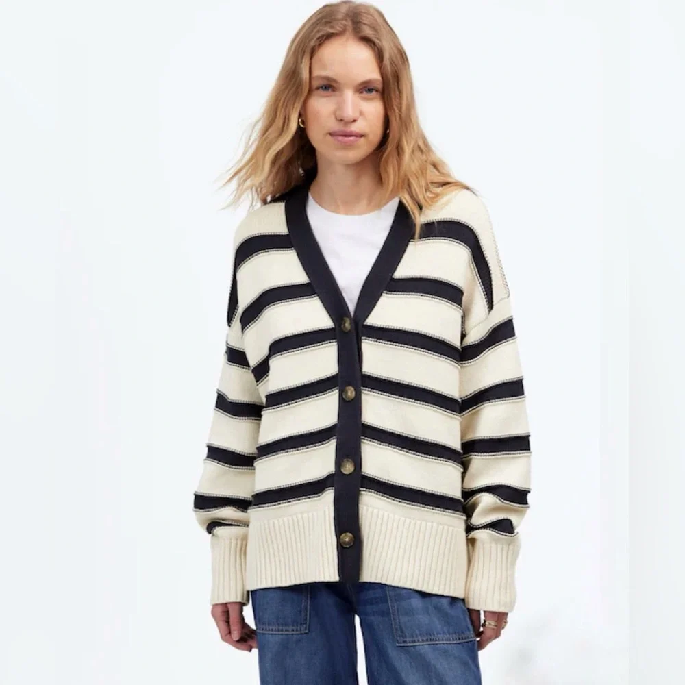 Madewell Oversized Cotton Cardigan in Stripe Cream Navy NT645 100% Cotton Small - Picture 2 of 10